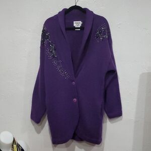 Vintage Cervlle Wool Cardogan Dister with Beading & Rose's in Purple Size M